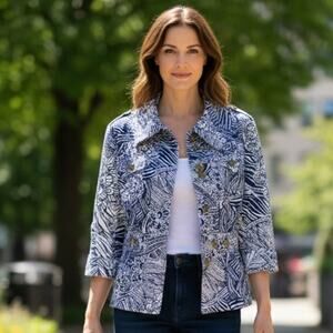 Coldwater Creek Jacket Women’s SZ 6P Blue White Floral Full Zip 3/4Sleeve Cotton